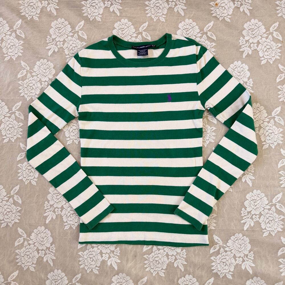 Vintage Y2K Ralph Lauren Sport Green & White Striped Long Sleeve Tee M